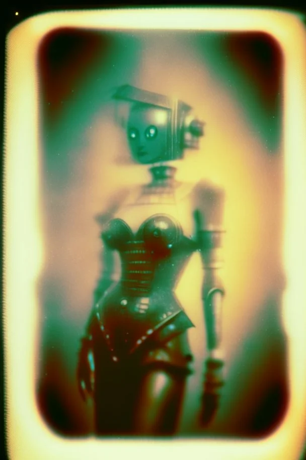 steampunk, vintage analog polaroid of a woman robot, female body, fog, lomography, heavy film grain, night, color bleed, depth of field, bokeh, retro