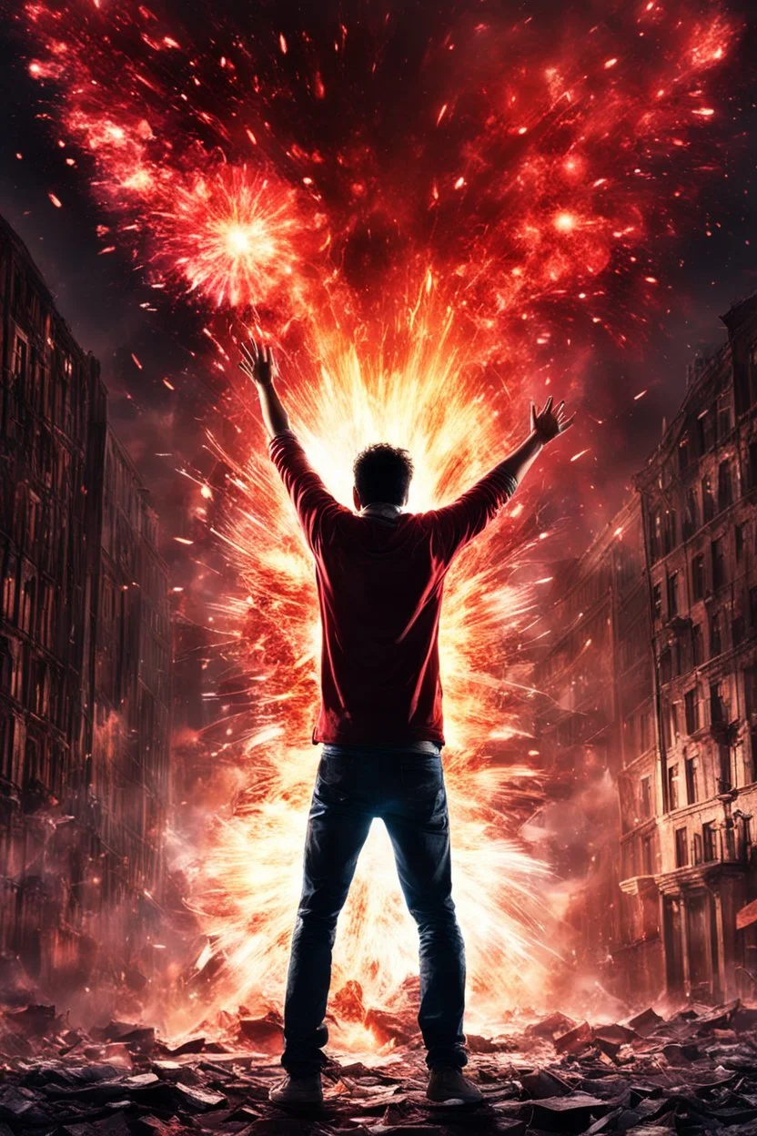 Young man standing, with arms raised, in front of an exploding building at night, with red auras around him