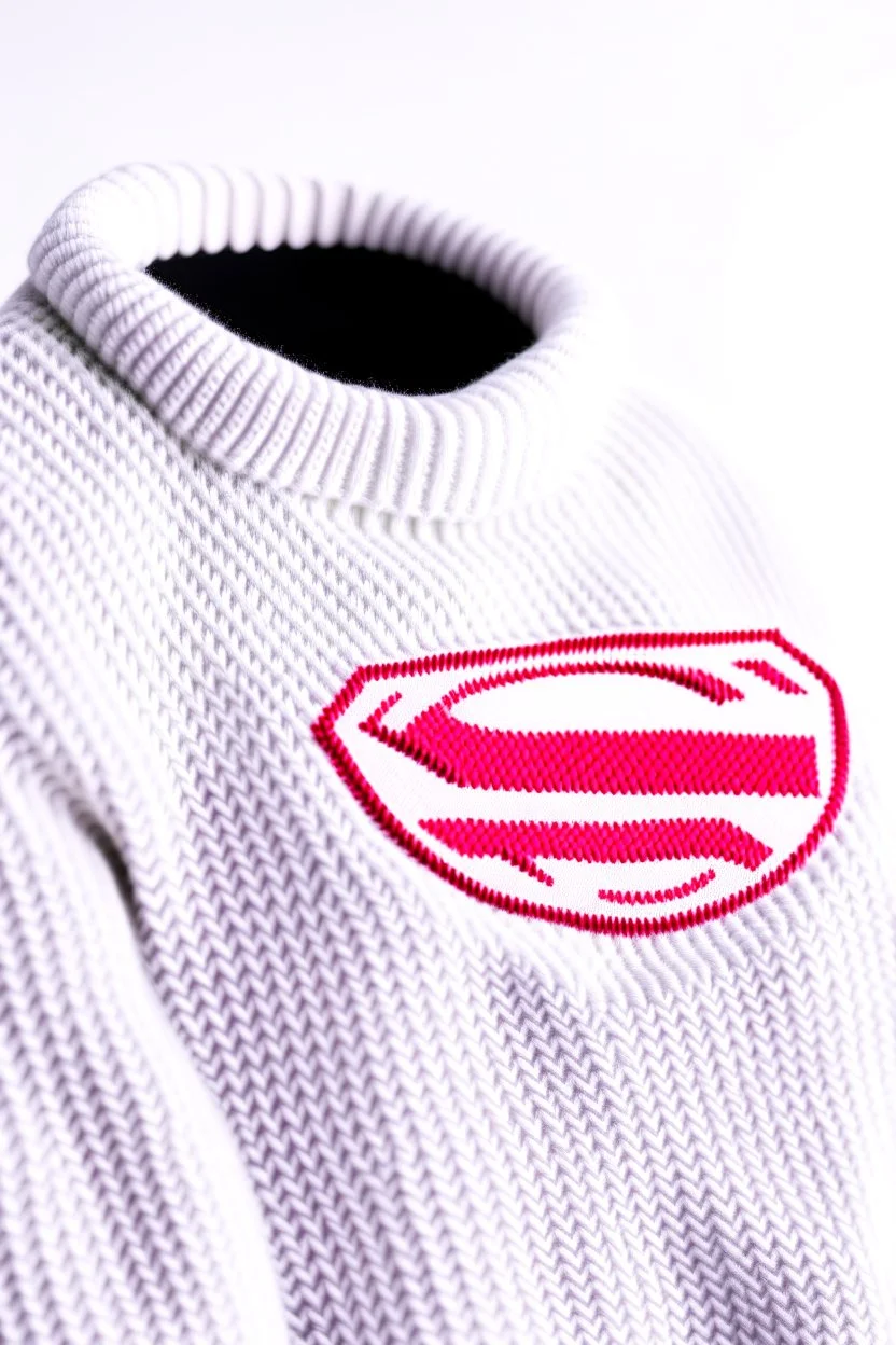 Superman's Balenciaga sweater Winter elegant inspired by Superman's emblem design white tones with dual color on a white background, product catalog photography, soft spot lighting, depth of field, 4k –ar 3:5 –q 2