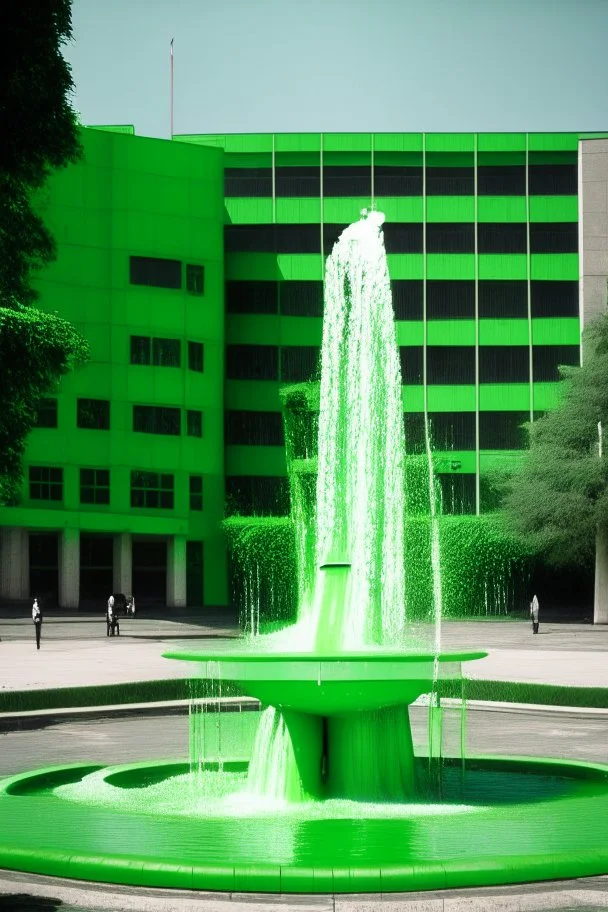 Green area, water fountain and building