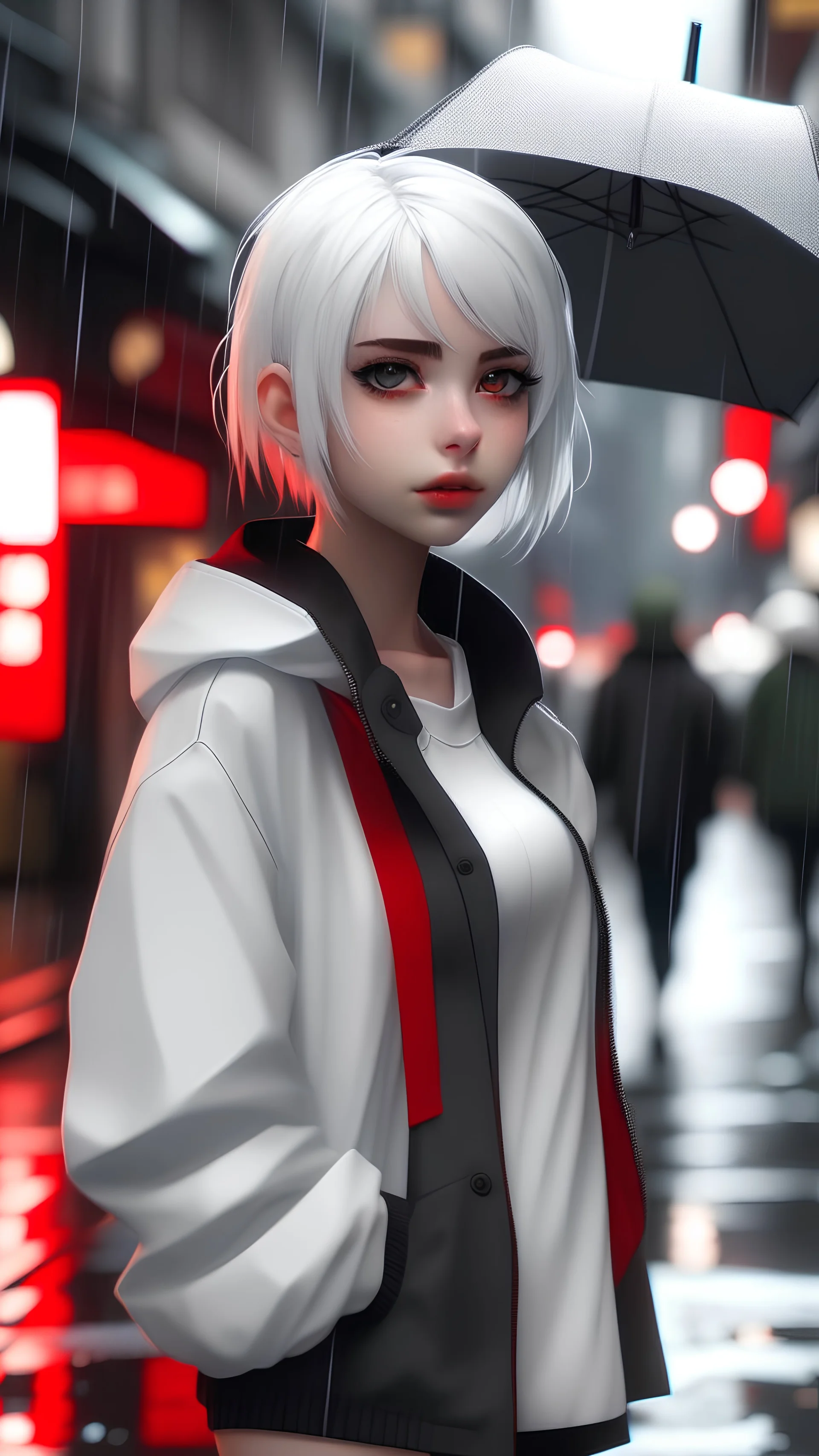 white hair, short hair, red eyes, street, rain,