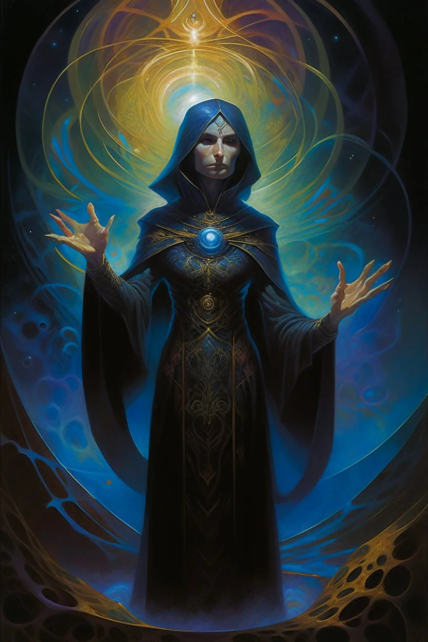 1970's dark fantasy cover dnd style oil painting of an holographic medieval woman casting a spell with minimalist far perspective in an abstract pattern background.