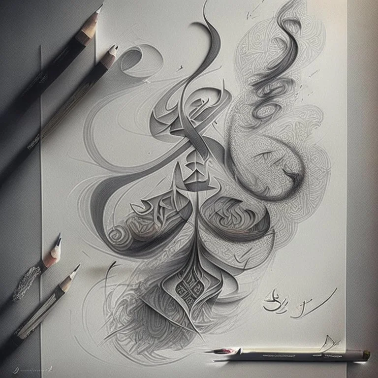 Create a detailed pencil sketch featuring intertwined smoke tendrils and abstract shapes inspired by Arabic calligraphy, filling the entire canvas in an asymmetrical yet harmonious arrangement.