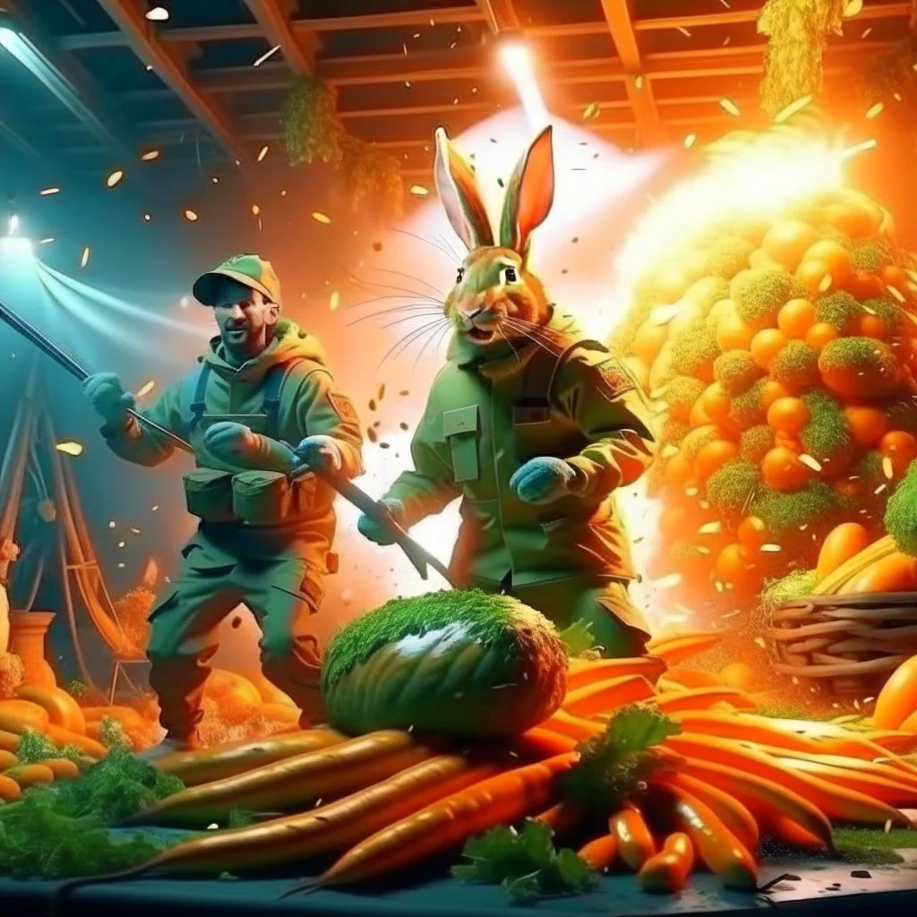 portrait of crazy cook and army officer shooting huge carrots and food with lightening inside grove with huge fluffy levitating yoga hare with mutations getting blasted by explosions, 4 k, down-light, soft light, depth of field, photo realism, trending on art station, high detail, spray paint