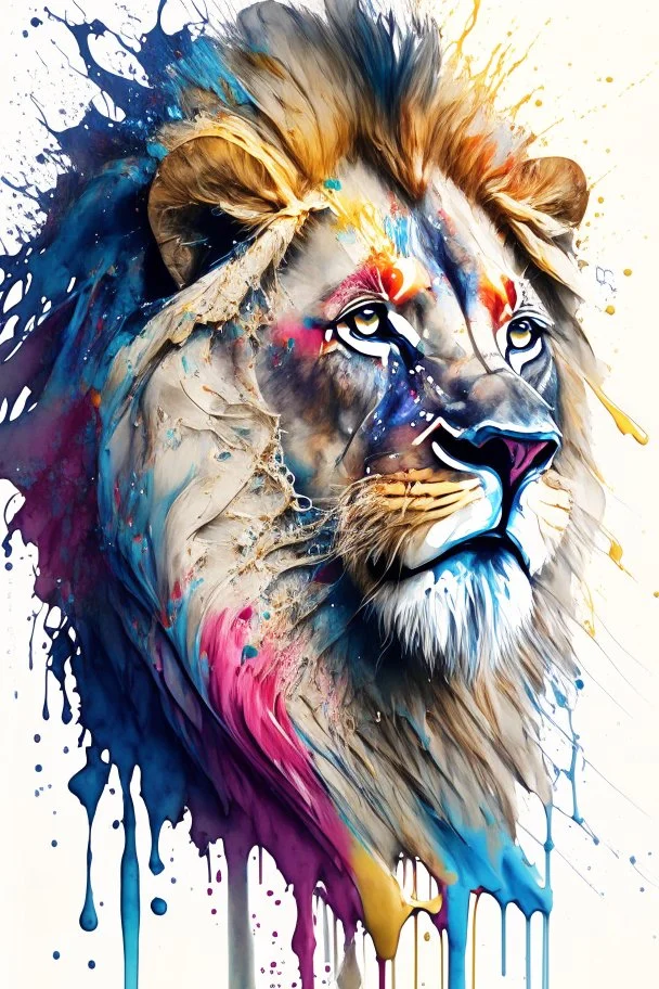 "lion", clean design, art station, splash of colorful paint, contour, ((solid white background)), looking into camera, hyperdetailed intricately detailed, unreal engine, fantastical, cinema lighting, intricate detail, splash screen, complementary colors, fantasy concept art, 8k resolution, DeviantArt masterpiece, watercolor, paint dripping