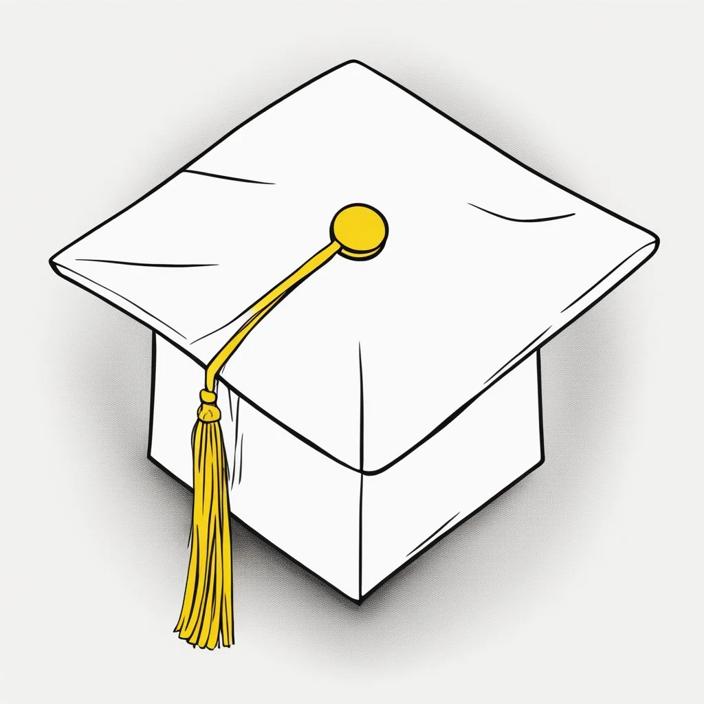 A line drawing of a graduation cap, distinguished by its unique square shape and a central peak. The cap is adorned with a vibrant yellow tassel that stands out against the cap. All of this is set against a clean, white background, which enhances the simplicity and elegance of the drawing.