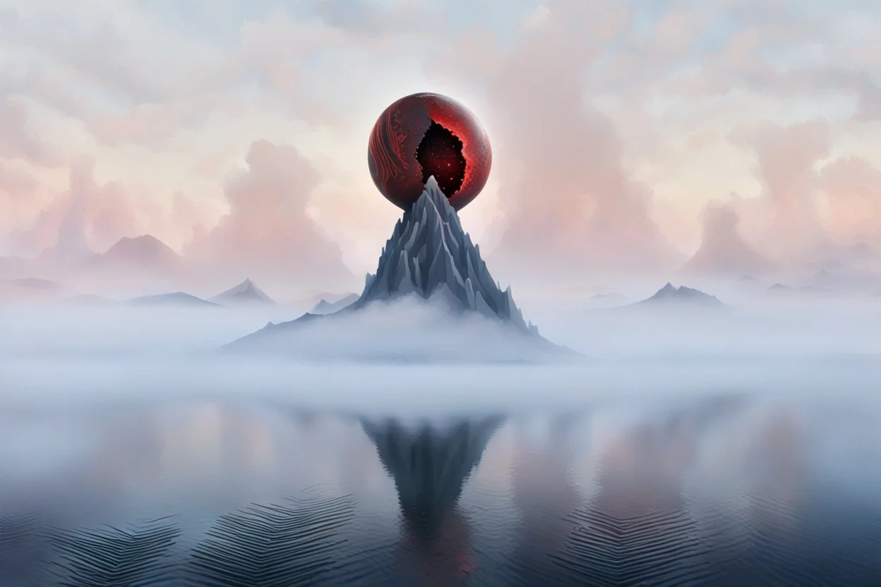 a broken orb is split open and affixed, and deeply impaled upon the lone mountain, bleeding down. Imagine a pin entering into a soft flesh, the way this mountain's peak pierces into the orb. A calm sky in the background