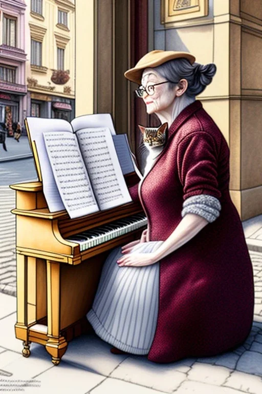 One single mature cat lady playing piano on the street, Vienna, fiacre, friendly, model style, hyper realistic, extremely accurate, delicate, extremely detailed, Graphic novel style, wide-angle, open aperture, superfine pencil