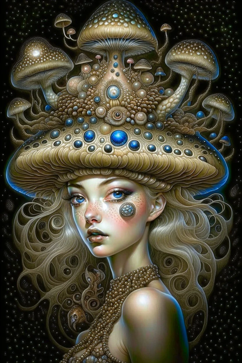 Beautiful rococo mushroom fairy, detailed eyes, realistic features, hq, fungi, celestial, moon, galaxy, stars, by Salvador Dalí, giger, Hieronymus Bosch, victo ngai, fungi, celestial, Ryan Hewett