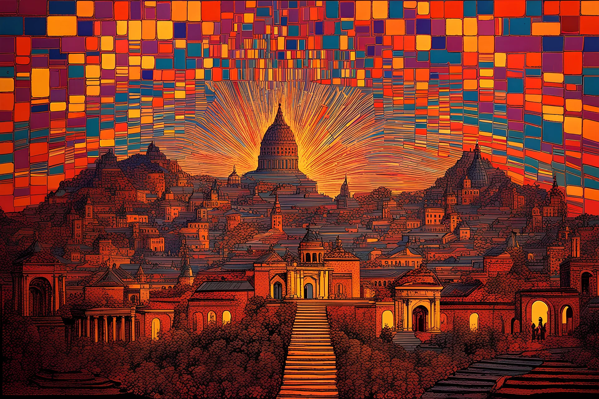 colorful psychedelic painting ancient city of blinding lights in ancient mosaic art by andy warhol