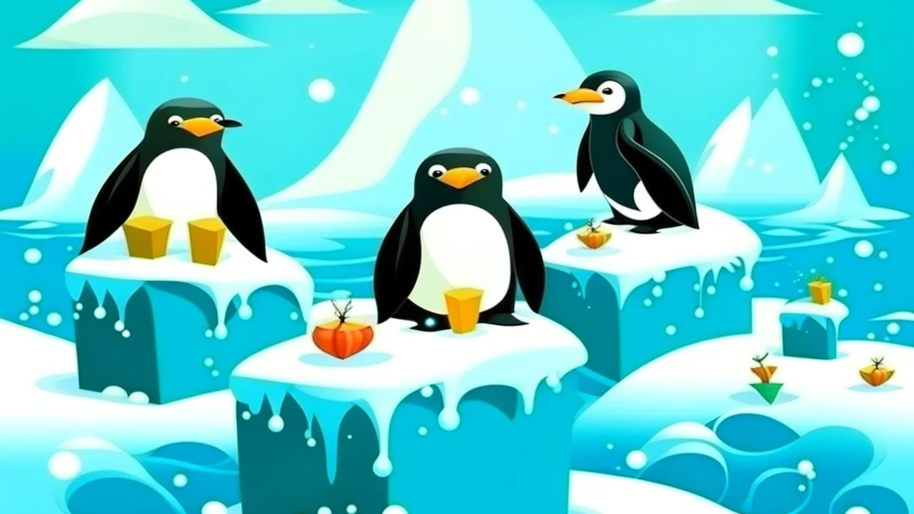 fantasy cartoon illustration: Penguins float on an iceberg with Christmas presents