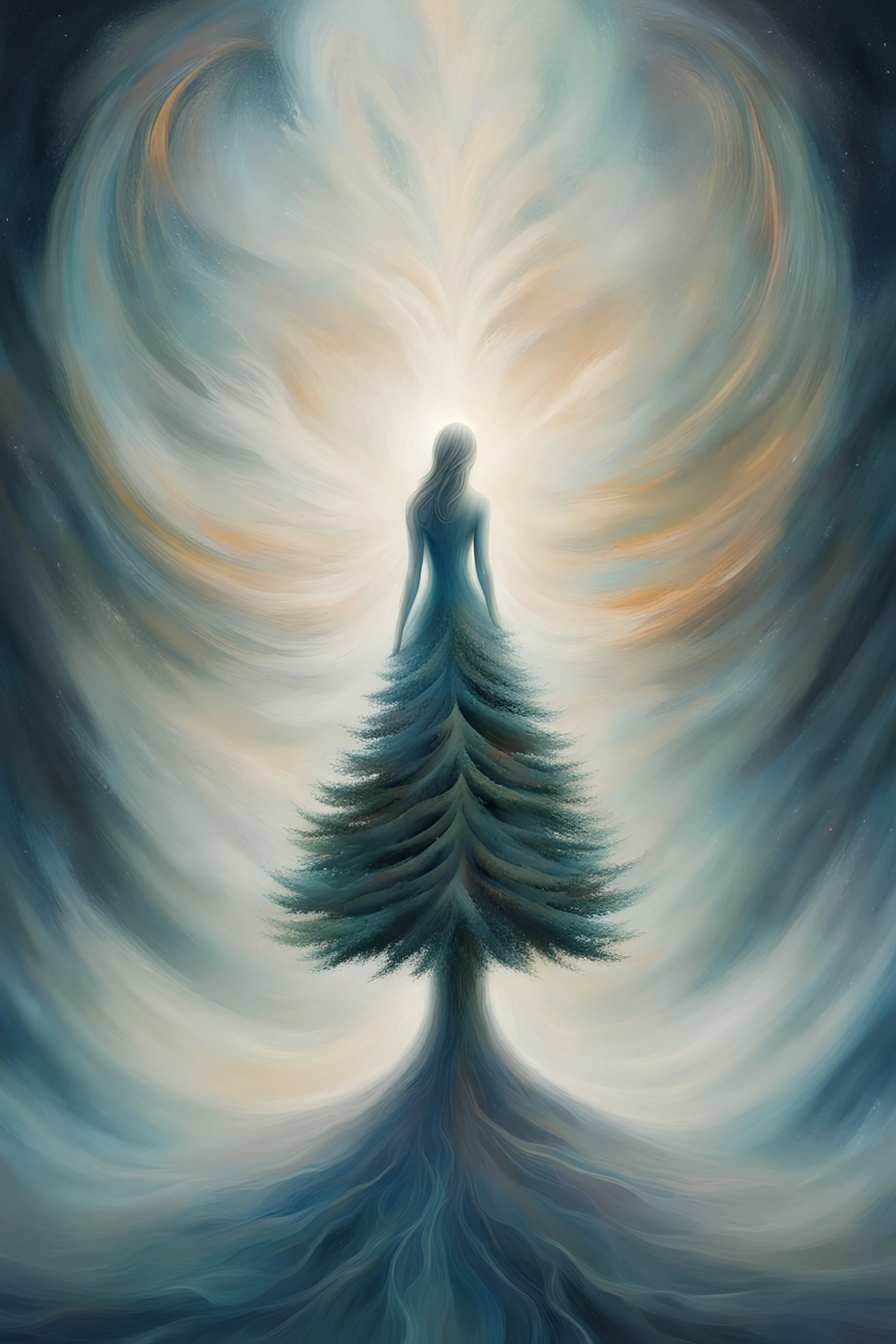 spruce tree, mystical, between heaven and earth, woman, abstract