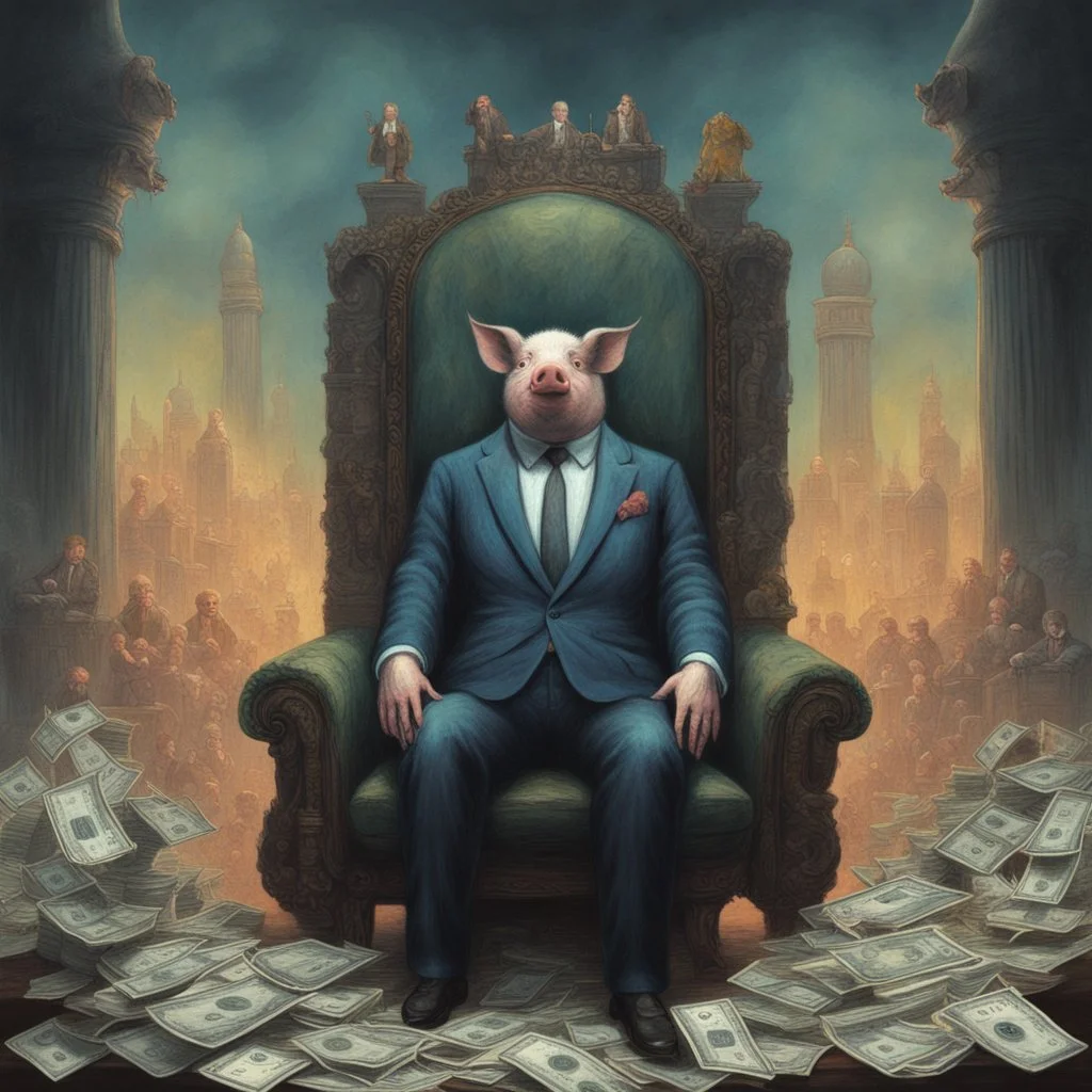 rich pig in suit on a throne making stacks of money by making a deal with a buisnessman. background of musicians. Payday payday. beksinski style.