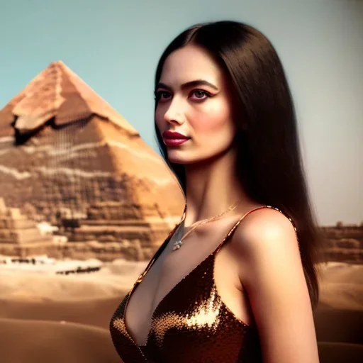 portrait of a women glamourous in front of great pyramids