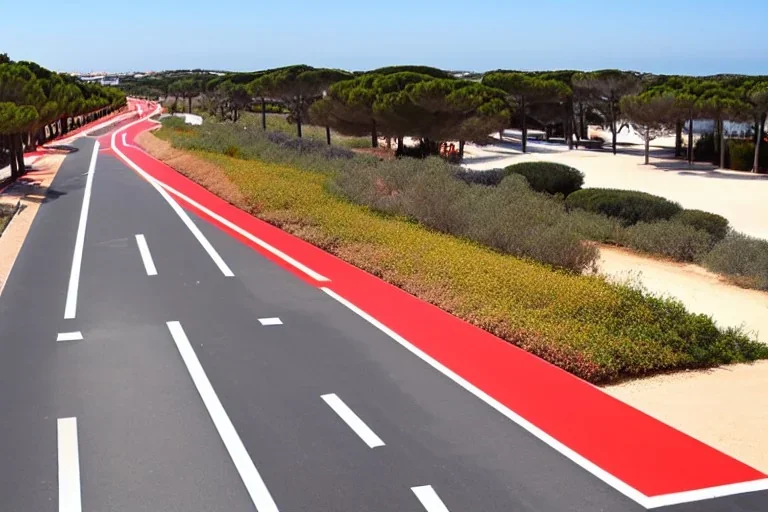 Day in quinta do lago, main avenida with 2 car, with red cycling lane on both sides