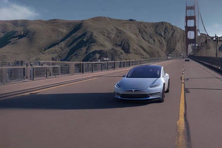 A Tesla 'Model Y' is drifting at high speeds, on the 'Golden Gate' bridge. (CINEMATIC, WIDE ANGLE LENS, PHOTO REAL)