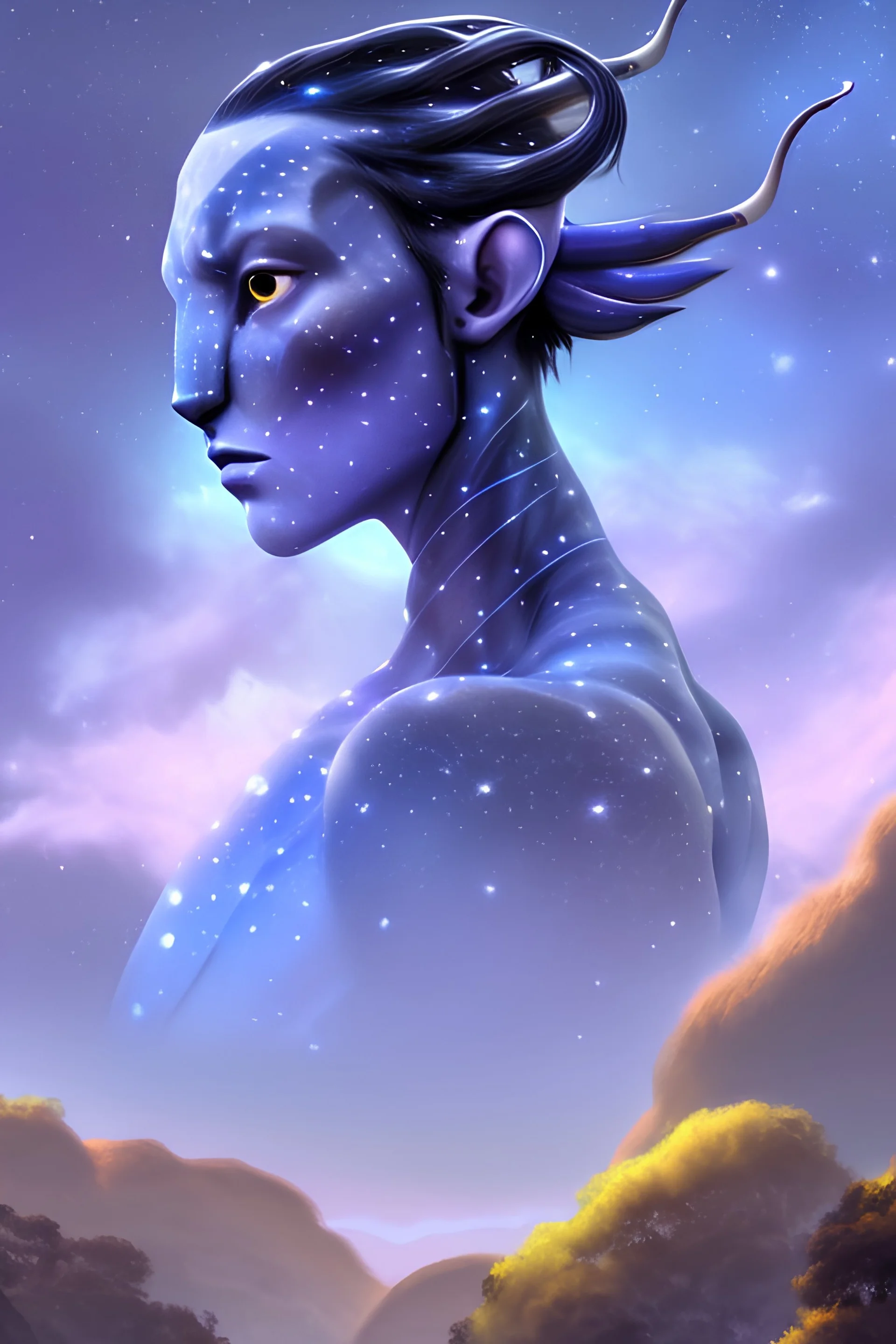 Avatar, pandora, alien, nature, trees with white, violet blue sky, galaxy, stars, universe, moon