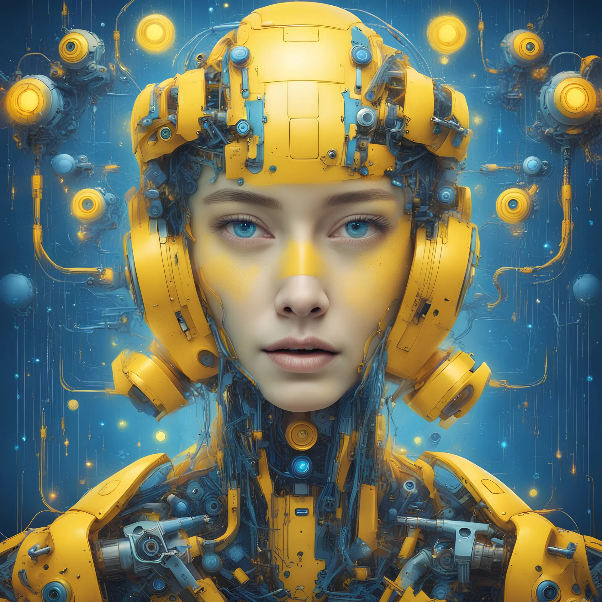 Combining warm yellow tones with cool blue tones; The warm yellow tone is full of happiness in life and longing for the future; People in cool blue tones suffer from depression and pain; With warm yellow as the center of the picture; Centered around the eyes of artificial intelligence robots