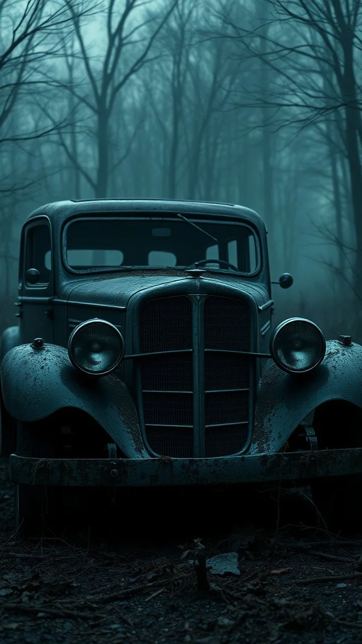 ,surrealism of the dark of a nightmare , hyper photorealistic, hyper detailed bright art color, high resolution, fog, octane render, tilt shift, HDRI Environment, all pictures dark gray, an old abandoned car from 1900