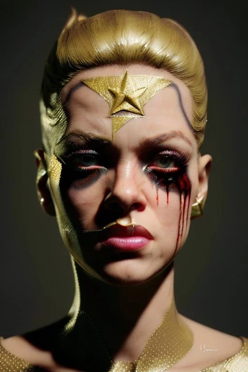 portrait, Shakira, make-up, angry, Realistic image, superhero, retro, dc style, gold make-up, blood, sweat, fog, goddess. Black background, photo studio, concept art, smooth, unreal engine 5, god lights, ray tracing, RTX, lumen lighting, ultra detail, volumetric lighting, 3d, finely drawn, high definition, 4k.