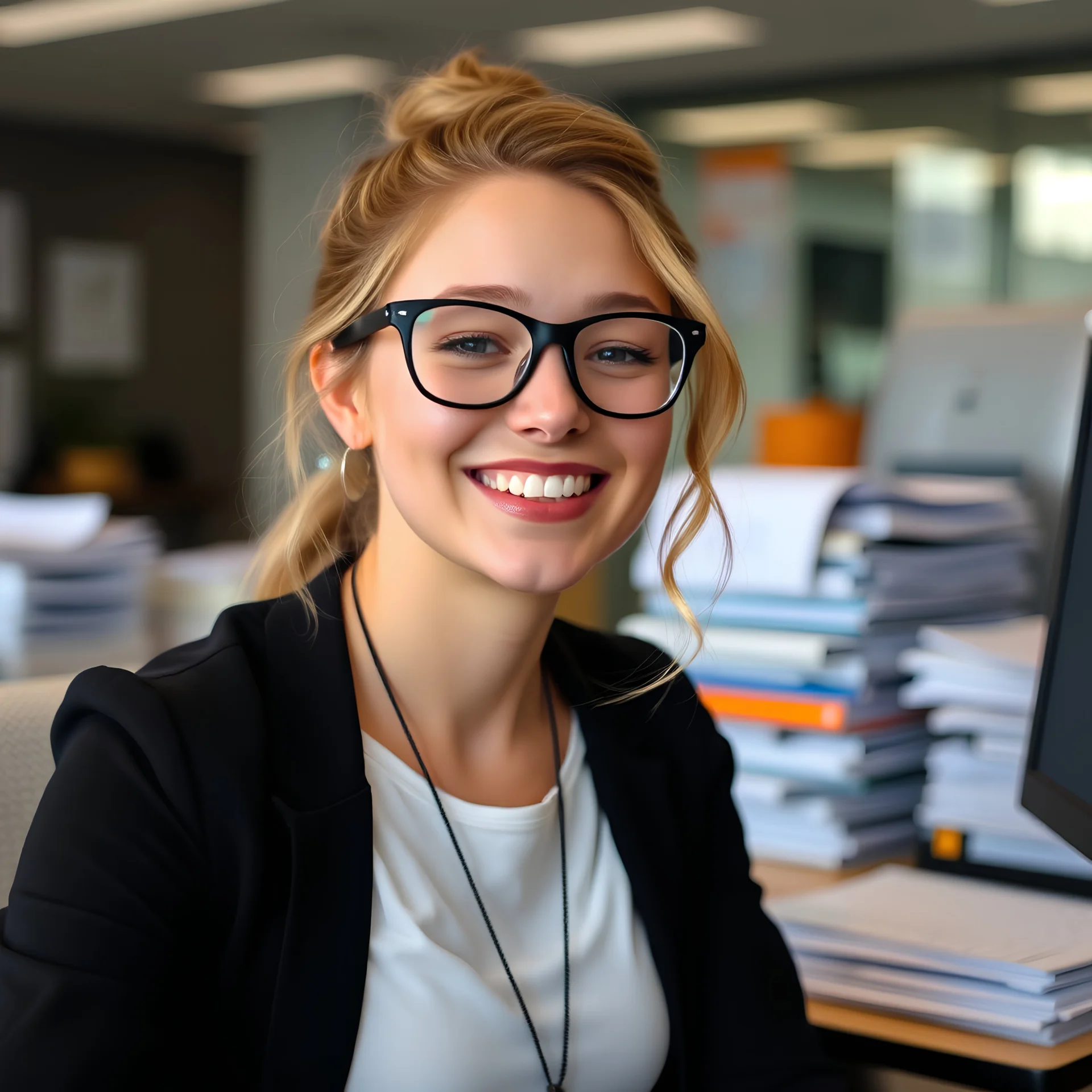 dakota skye, delicate smile, showing no teeth, whole posture, white tanktop, black jacket, sitting in the office, busy, many documents in front of her, nerdy glasses on