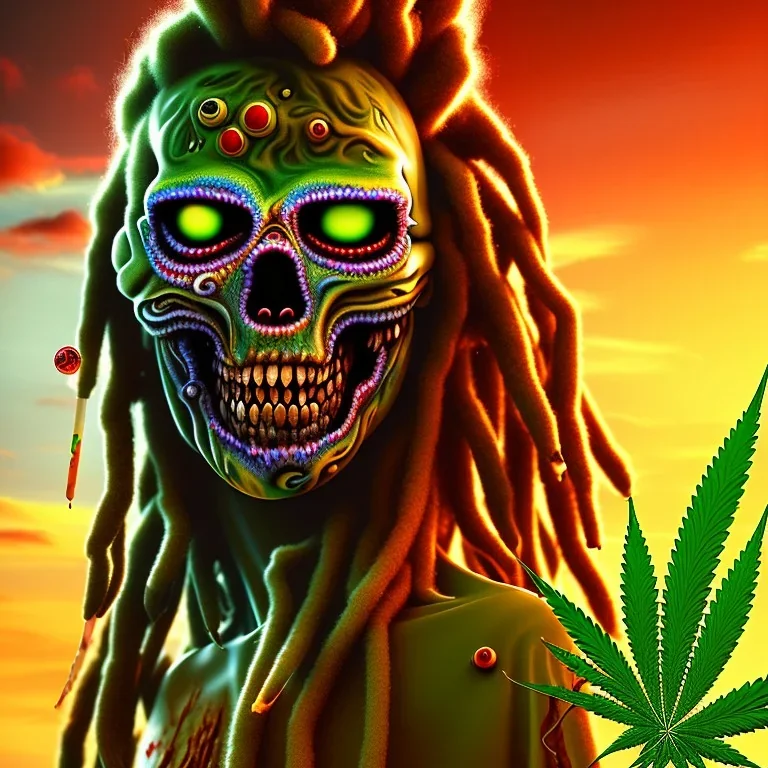 Corps entier Zombie rastafary iron maiden feuille cannabis, yeux rouges, bandeau couleur rasta,4k, couleur chaudes, plage et explosion nucléaire en fond image