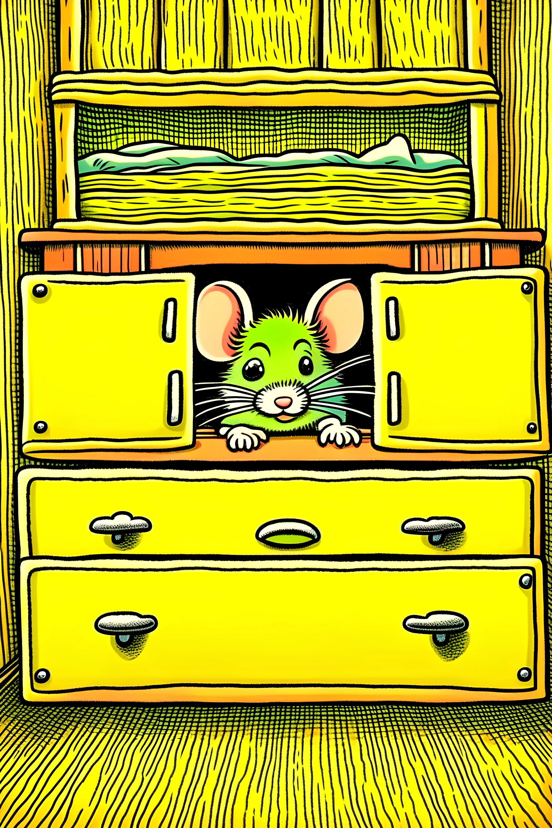 zoomed out view of a friendly little mouse behind drawers, bedroom, surreal, comic style