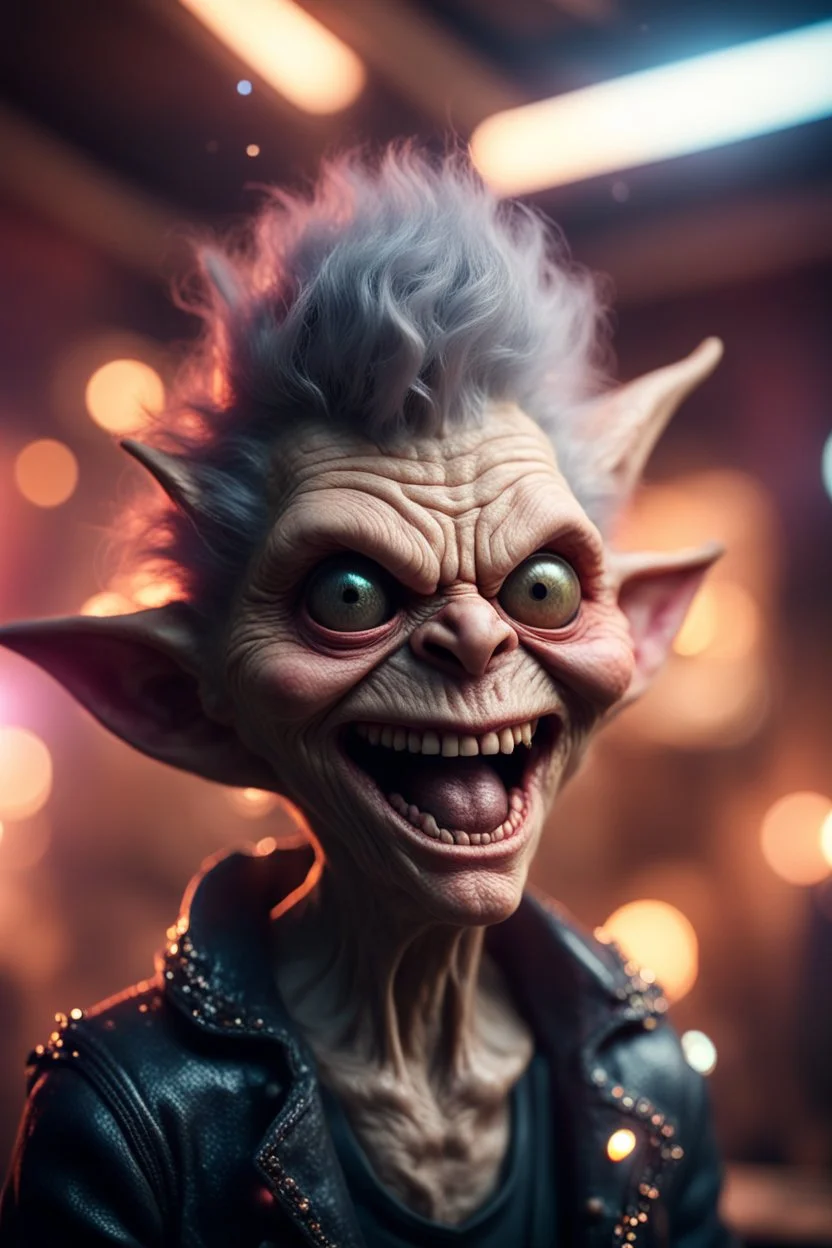 portrait through dirty photolens of ultimate transcendent happy chat gremlin vampire alien jaws carpenter grandma punk frown with spotlights, in front of space portal dimensional glittering device, bokeh like f/0.8, tilt-shift lens 8k, high detail, smooth render, down-light, unreal engine, prize winning