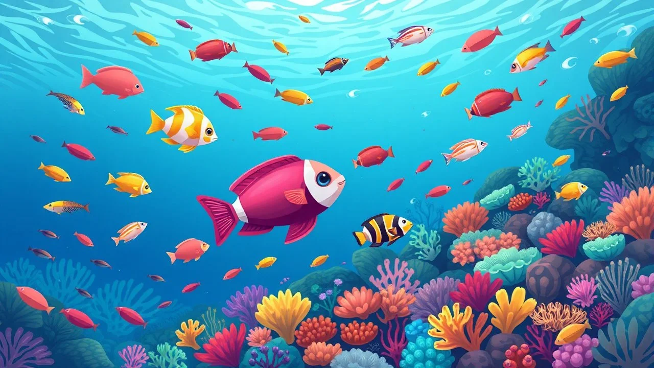 A digital illustration, showcasing a vibrant underwater scene teeming with colorful fish and coral reefs, capturing the beauty of Anguilla's marine life in a whimsical style.