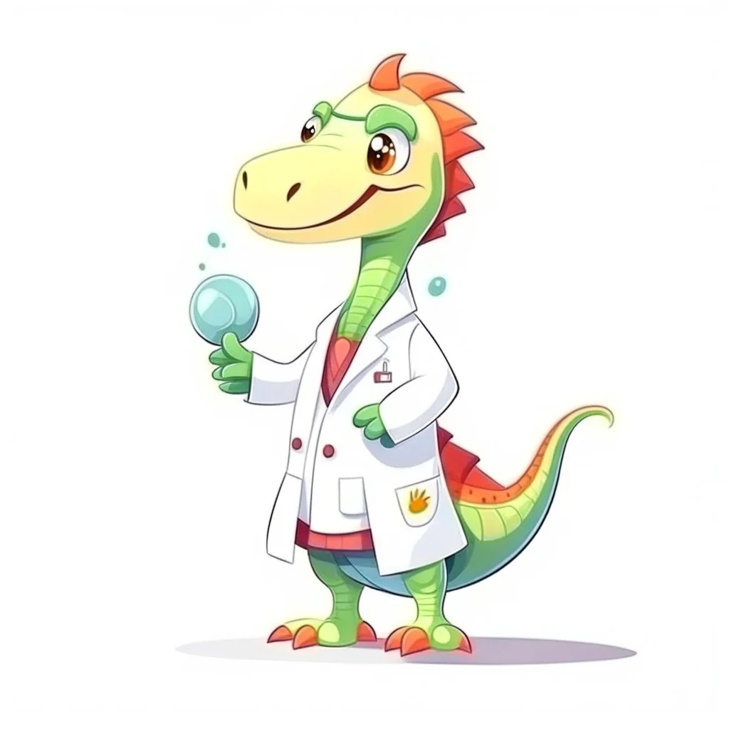 Cartoon illustration for children: Female Dinosaurus in a white doctor's coat, white background