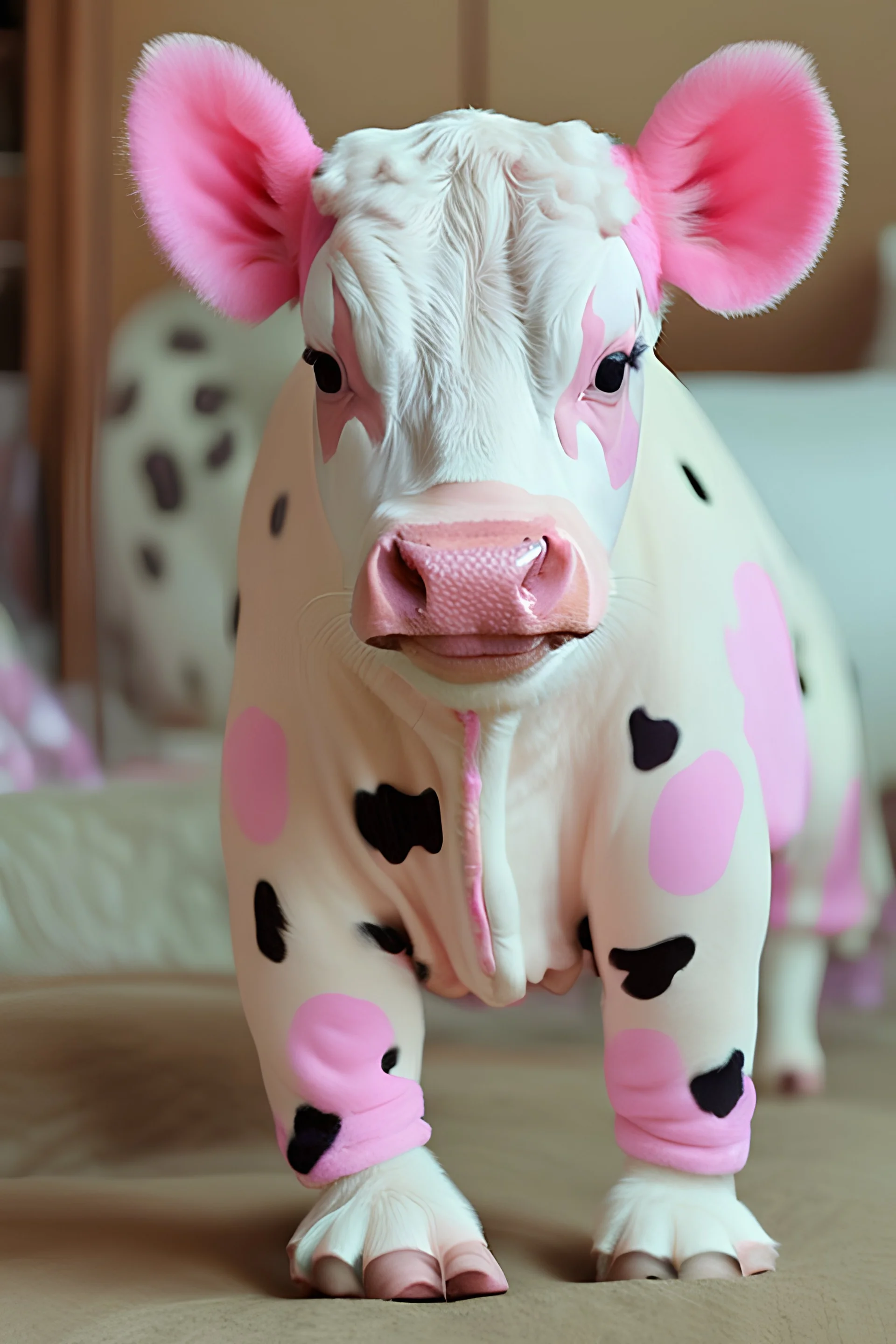 A cute cow dressed in a onezy pajama outfit. The onezy has pink polka dots on and is thick and cozy. She has a flower in her hair