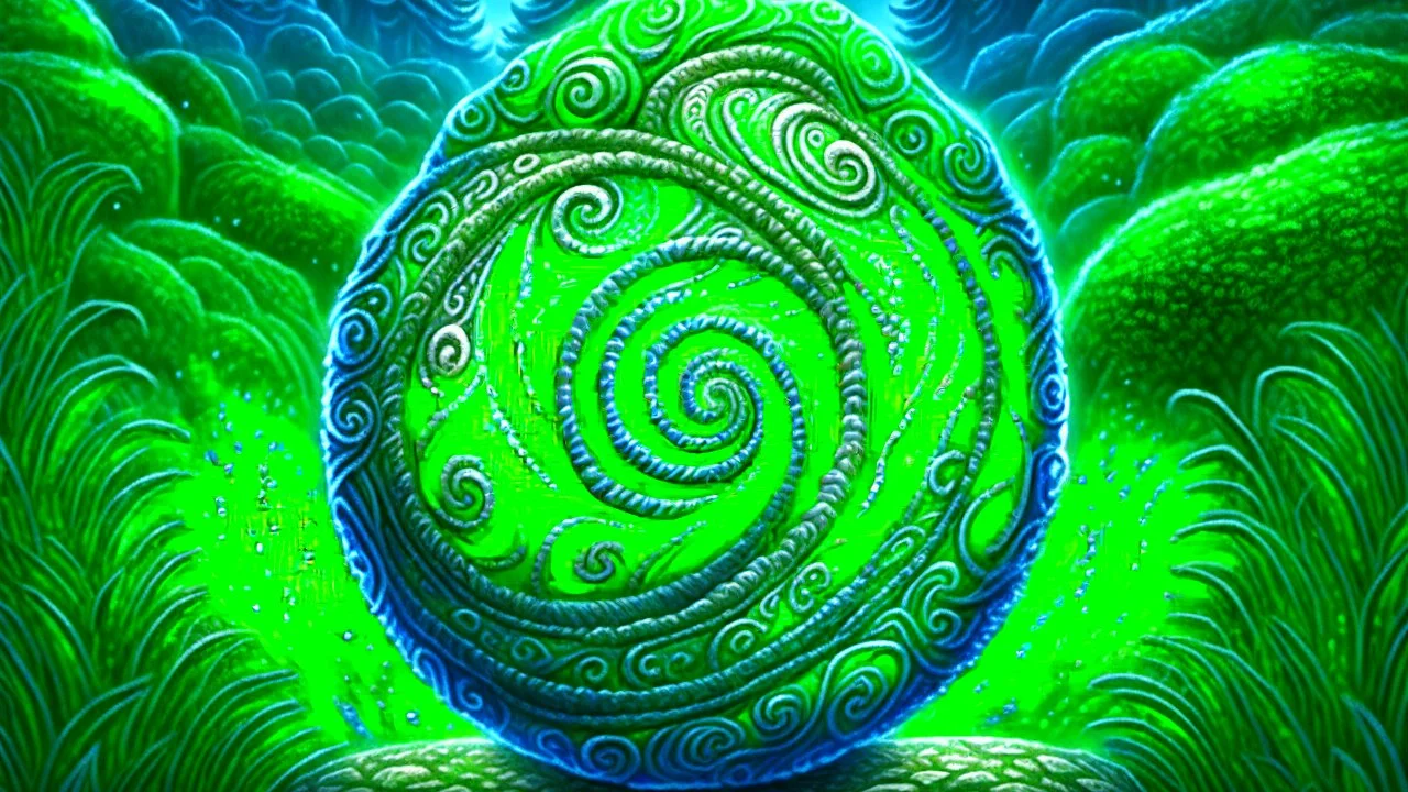 Fantasy digital illustration: magical green swirly stone gem with Hawaiian carvings.