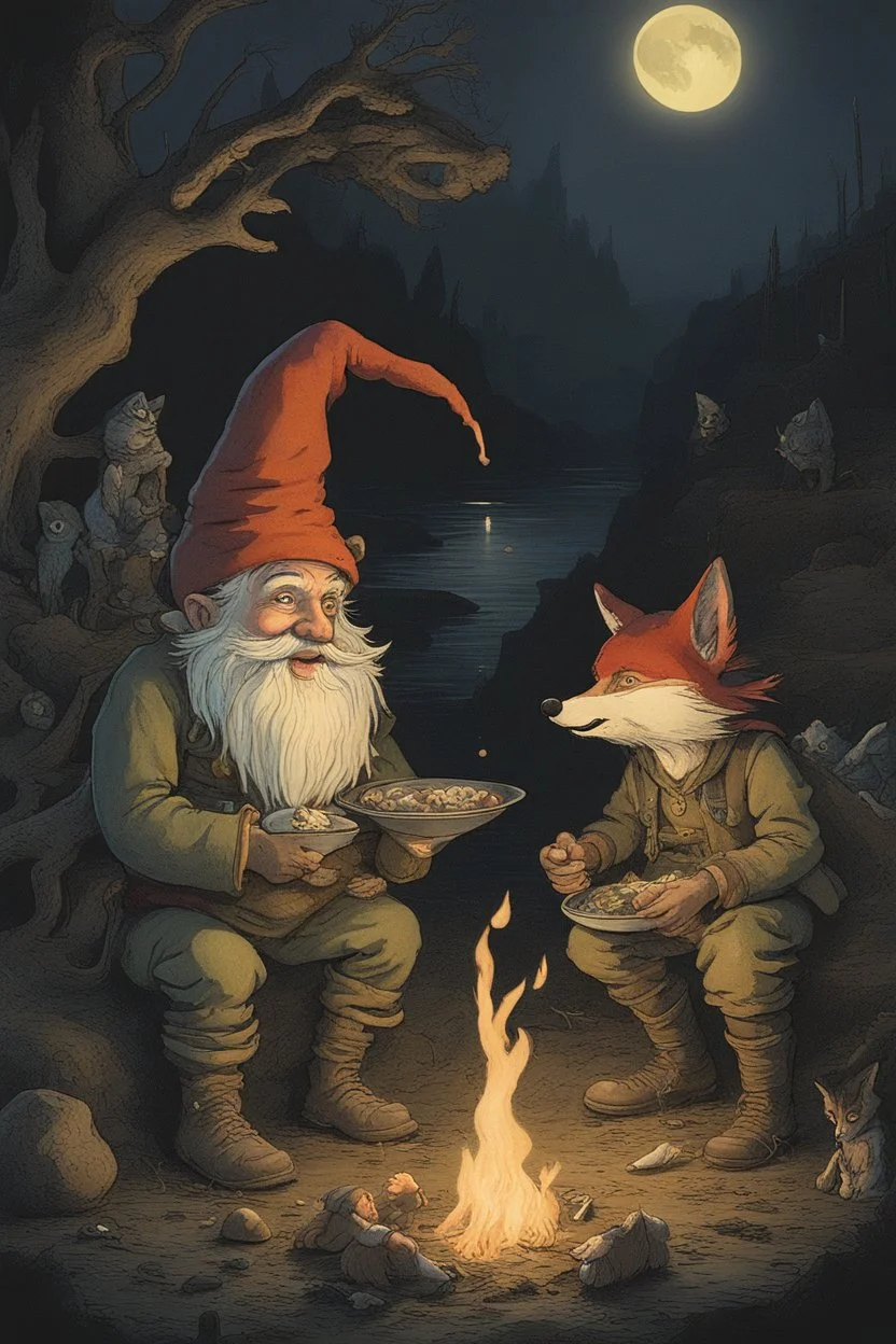 a gnome and a goblin eating in front of a fish fire, figure with fox mask behind in the environment, riverbank, night, moonlight,