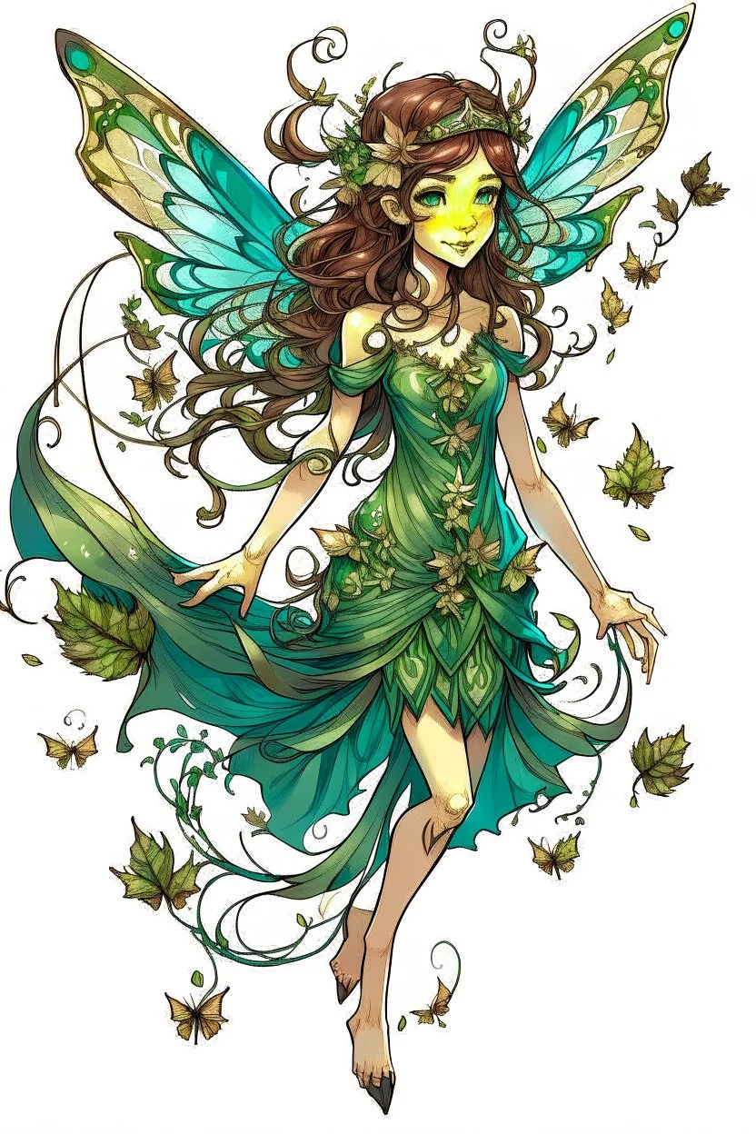 Forest fairy with iridesand teal wings and a cute short leaf dress and pointed ears and multiple vine earings and ear cuffs flying through a mythical forestand brown wavy hair trailing her