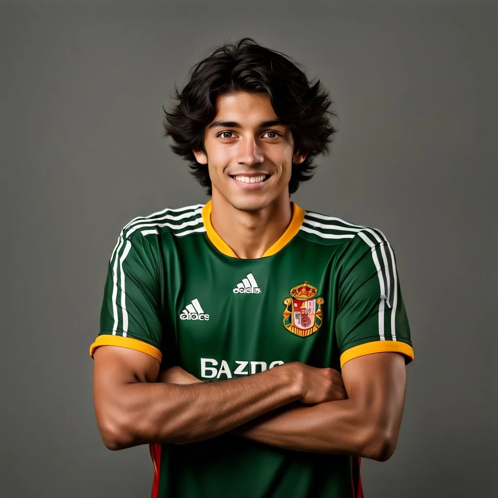 85mm DSLR color photography of a very detailed headshot fitting all of head and hair in frame. 19-year-old Spanish soccer player, and with no facial hair and has no facial hair, has medium length straight black hair with a small smile, grey background