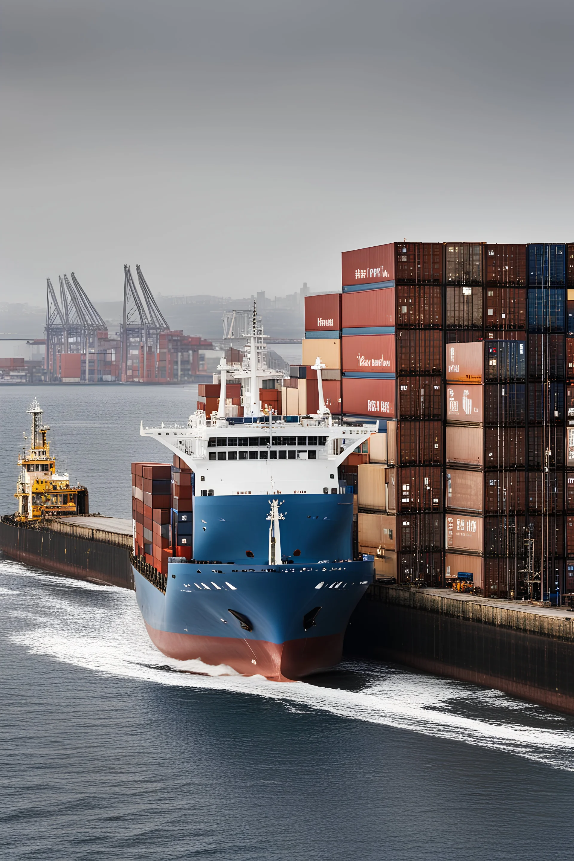 A container ship sailing in to a harbour