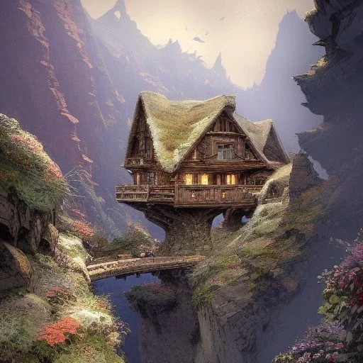 Chalet on bridges between chasm,mountains cliff, mountain peak,detailed facades+beautiful,richly detailed houses,trees,ornamental flowers +uphill road+biopunk+Book illustration by Gediminas Pranckevičius, Jean Baptiste Monge, Brian Kesinger, Anton fadeev, strong lines, high contrast vibrant colors, highly detailed, 16k resolution