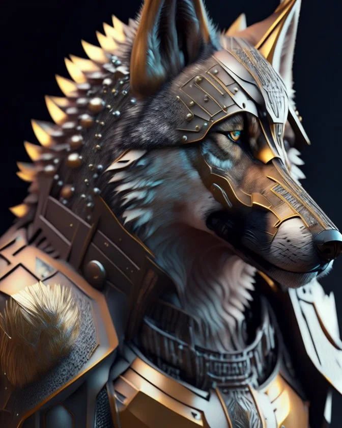 Full body 3D Portrait of a anthropomorpher Wolf in natural colours wearing futuristic face armor in realistic fantasy