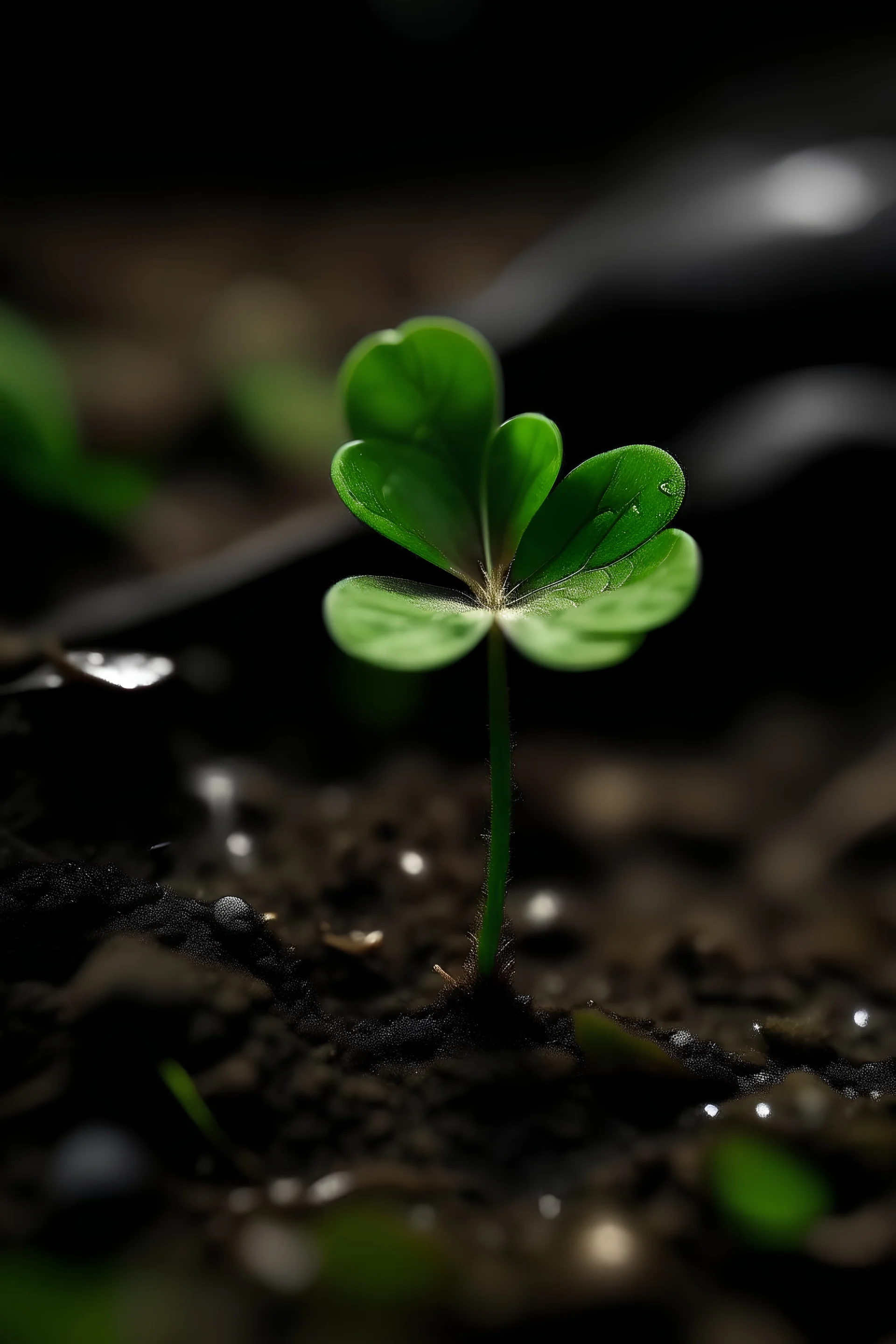 trébol de cuatro hojas en primerísimo plano germinando en el barro oscuro depues de la lluvia