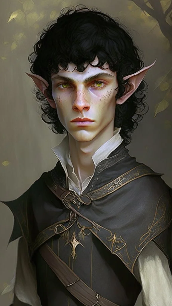 a teen elf. he has curly, black hair and sharp cheekbones. His eyes are black. He wears fantasy medieval clothes. he is lean and tall, with pale skin. with all full body