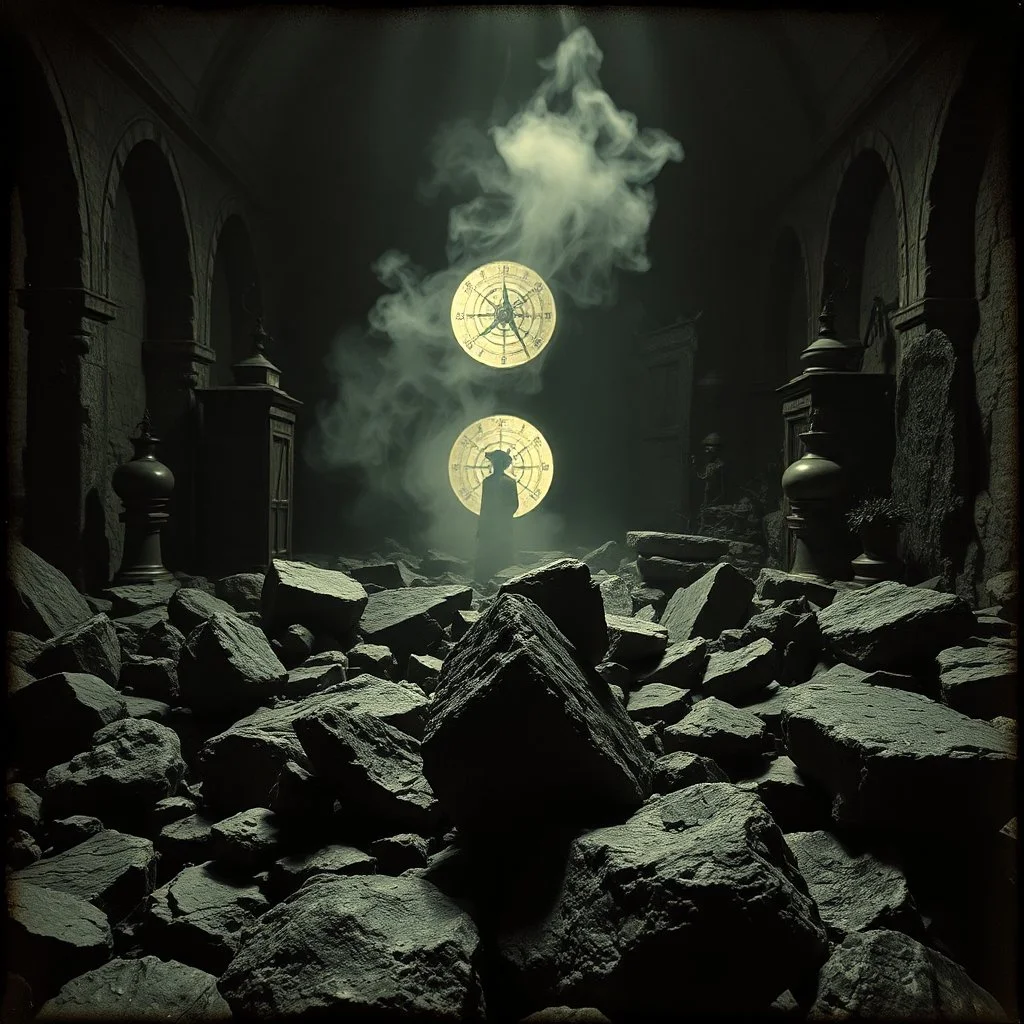 photo, 1920 horror movieshot, rocks, very odd objects in background, Ades, Charon, tenebroso, macabro, marcio, interno museo, fiotti di liquido nero che zampillano, hypermaximalist, strangeness, sundial light, odd, intricate, Lawrence Alma-Tadema style, albero, hypnotic, eerily mysterious, artistic photo, shot on Hasselblad, sadness, follia, smoke, daguerrotype