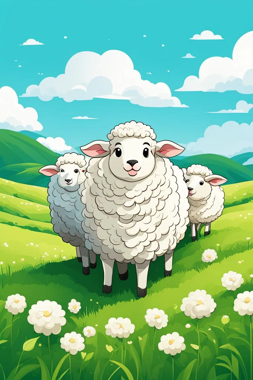 create an image with 4 cute sheep with the typography, happy face "sheep of faith", 2d, cartoon style, chibbi, kawai, a green field and blue sky in the background