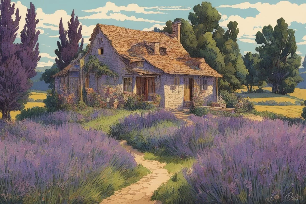 museum quality color woodcut landscape of a fanciful 1920's ramshackle and dilapidated French country cottage nestled amidst the lavender fields of Provence, on a blissful summer morning, in the style of Gustave Baumann, with a fine art aesthetic, highly detailed, finely cut ,8k render, soft early summer colors