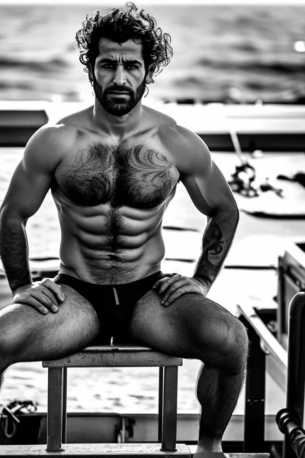 photography of An iranian offshore worker, shirtless, wearing bulging heavy-duty work pants and sturdy boots, sitting under the scorching sun on a merchant ship, man 66 years old, manly chest, muscular chubby , tattoo, curly beard, dirty, serious, long hair, ugly, big thighs, bullneck, big shoulders, photo realistic, photographic, super detailed, hyper realistic, UHD, frontal view , ambient occlusion