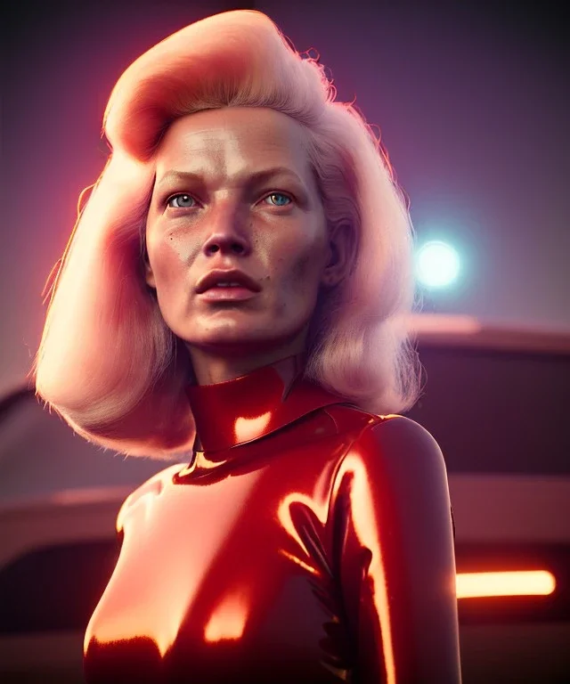 retro sci-fi portrait image from 1980, supermarket parking explosions, fire, scared people, blonde woman walking, sweet Kate moss face, tight latex suit, soft color, highly detailed, unreal engine 5, ray tracing, RTX, lumen lighting, ultra detail, volumetric lighting, 3d, finely drawn, high definition, high resolution.