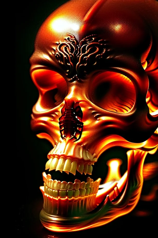 A beautiful highly detailed ornate intricate portrait of a flaming demon skull made of shiny obsidian glass :: reflective, glassy :: subtractive lighting, backlit :: by John William Waterhouse, Greg Rutkowski, HR Giger :: hyperrealistic, hyper detailed, photorealistic :: epic, incredible composition, amazing depth, meticulously composed, 16k resolution concept art :: fantasy magazine cover art