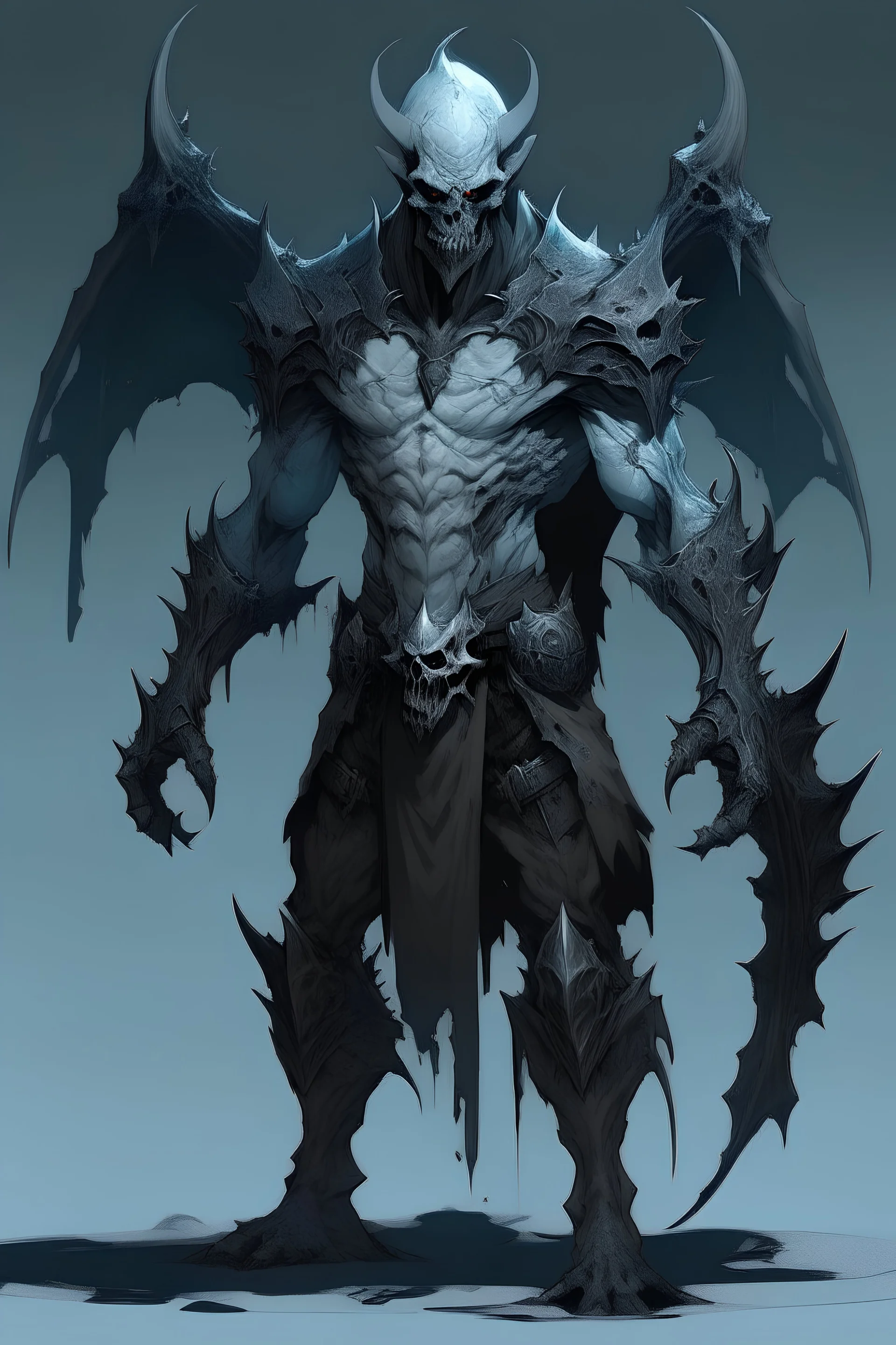 dark fantasy, male, ghoul, barbarian, humanoid monster, skin pale blue, bestial face bat, full body, hald armor of bones,