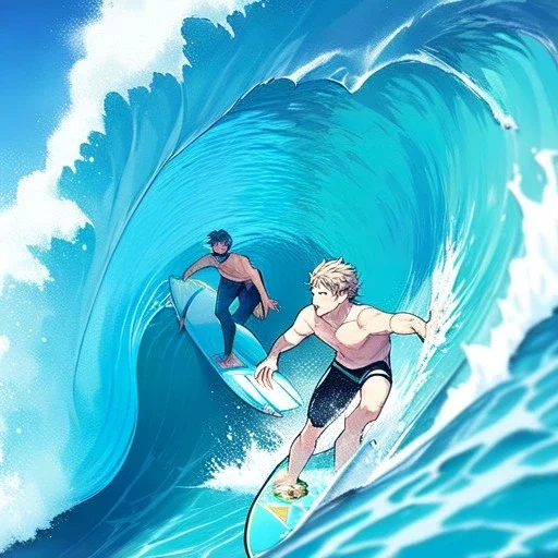 anime. surfer, boy , waves, surfboard