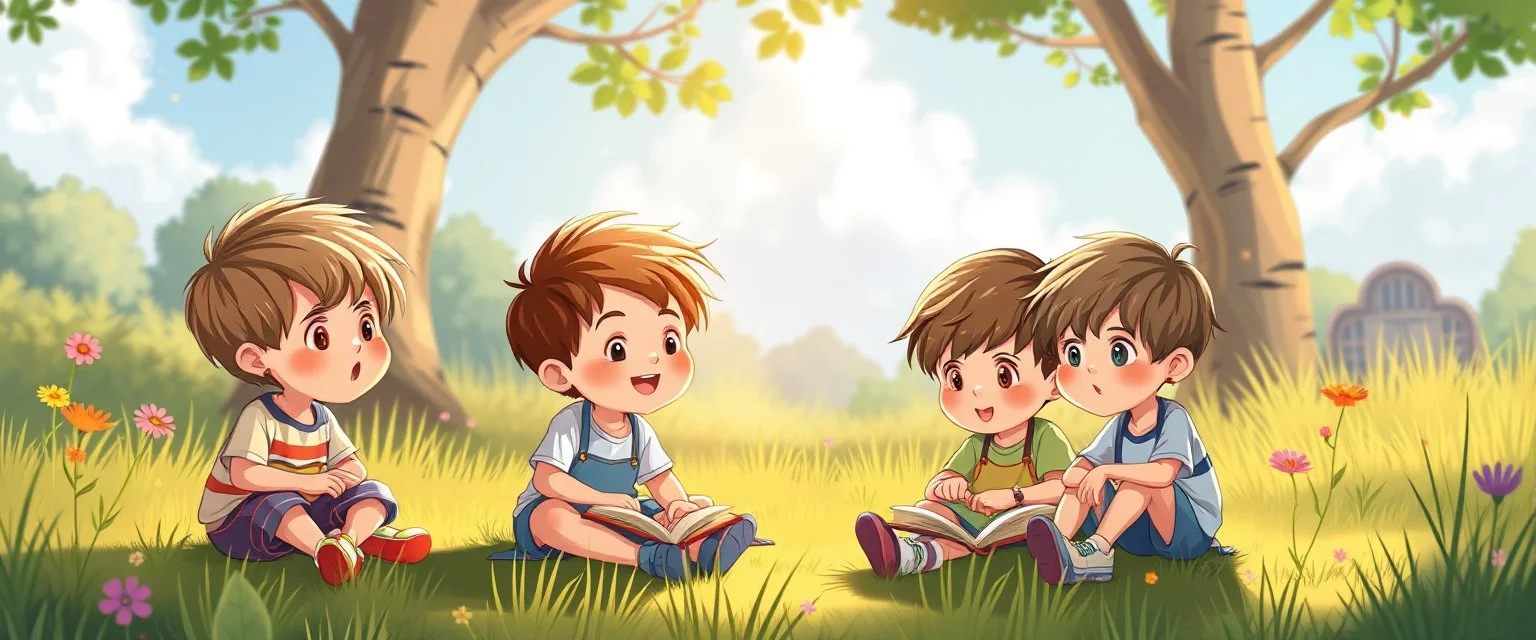 illustration of young children playing outside. fantastic lighting, cute amine children's book proportions