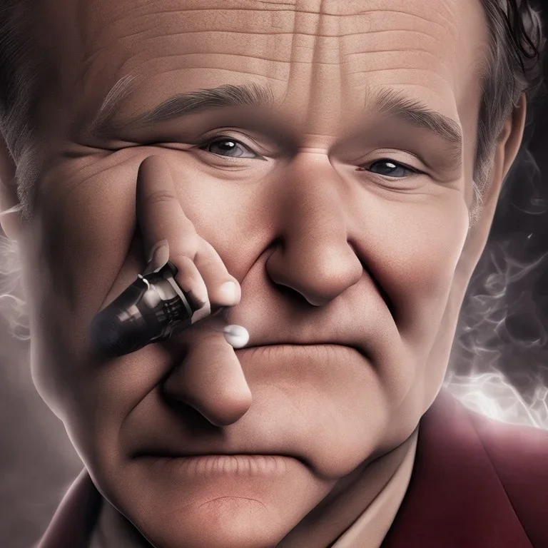 Robin Williams as the joker from dc comics, dramatic light, close up, smoky background, high detail, cinematic, vignette